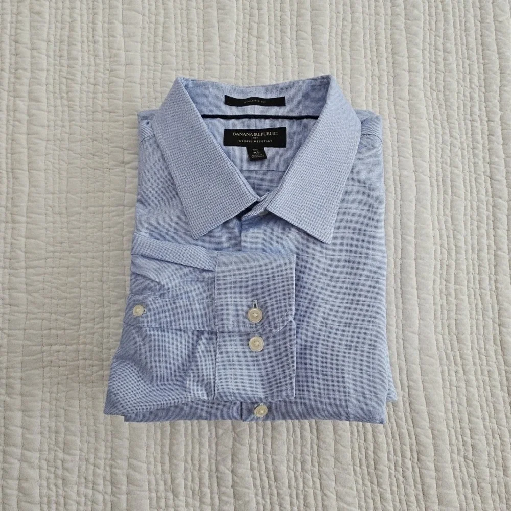 Banana Republic Mens XL Tall Blue Athletic Fit Wrinkle Resistant Plaid Shirt EUC